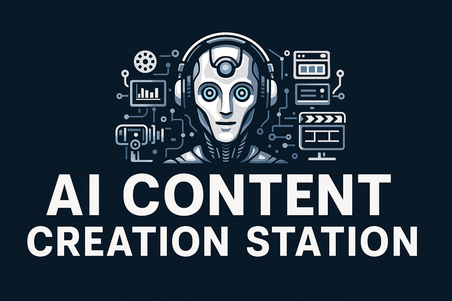 Digital vector banner with a central robotic head in headphones, glowing blue eyes, surrounded by tech icons. Large bold text reads "AI CONTENT CREATION STATION" on a dark blue background.